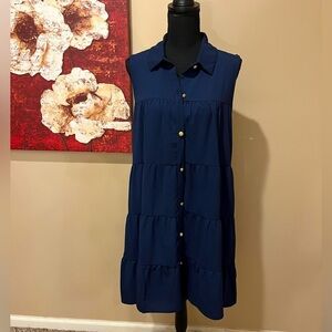 Monteau Los Angeles Sleeveless, Collared Tiered Swing Dress, Navy, size L
